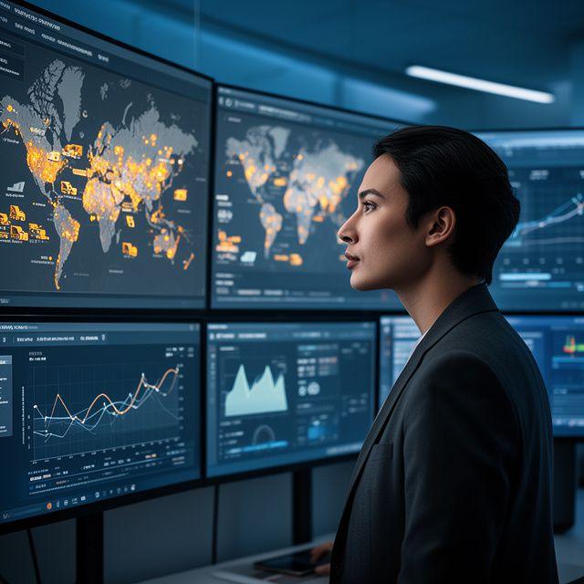 Logistics professional analyzing supply chain data on multiple screens